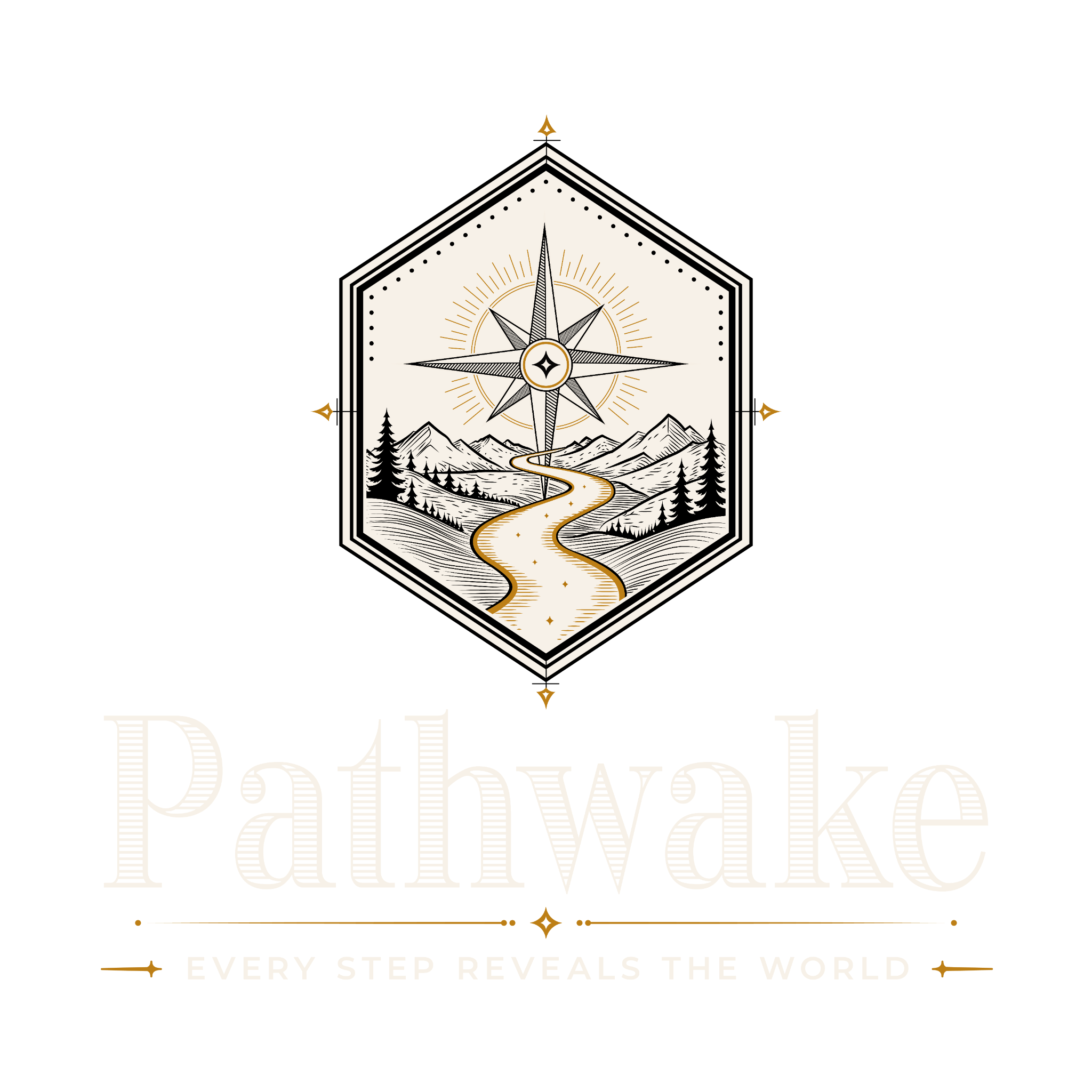 Pathwake logo: compass, mountains, and a winding path